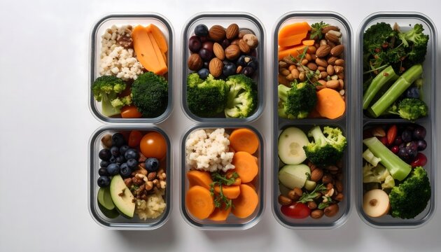 Recipientes de comida saludable organizados con verduras, legumbres y alimentos frescos, concepto de meal prep y nutrici&oacute;n equilibrada