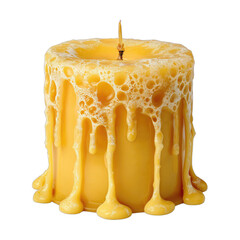 Melting yellow candle with dripping wax and foamy texture