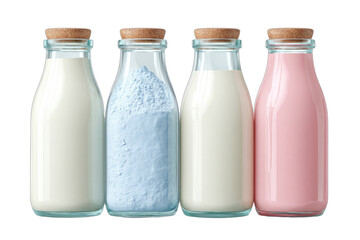 Four glass bottles with cork stoppers, containing various liquids and powder