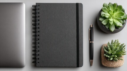 A desk setup features a notebook, pen, laptop, and succulents