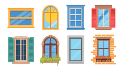 Windows Collection in Various Styles and Colors with Different Frames and Openings for Architectural Design