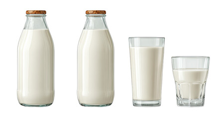 Clear glass bottles and tumblers filled with opaque white liquid