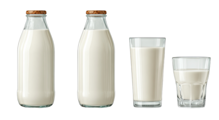 Clear glass bottles and tumblers filled with opaque white liquid