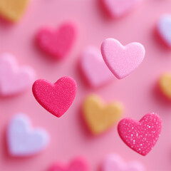 Obraz premium Sweet heart-shaped candies with a glitter texture on a pink background. Romantic symbol of love for a Valentine's Day celebration