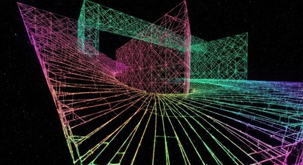 Geometric abstract in space, multi-colored wireframe structures