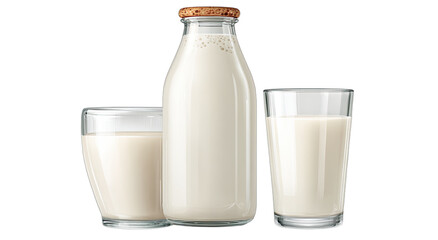 Refreshing milk in a glass bottle with two clear glasses of milk