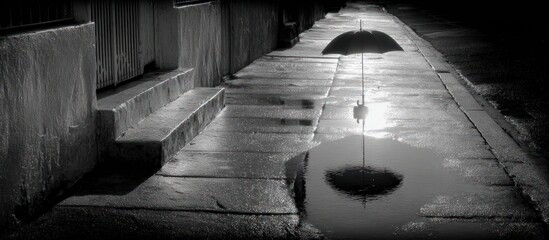 A monochrome scene an umbrella stands in a puddle, city street