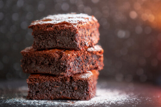 Dark chocolate brownies stack, copy space