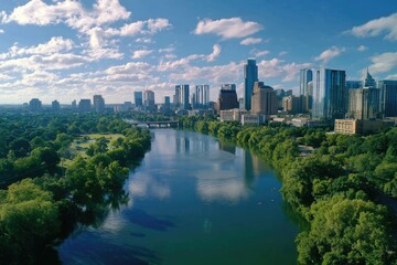 Fototapeta premium Aerial shot of a river cutting through a city's skyline with verdant trees and vibrant blue skies
