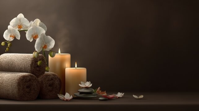 A relaxing spa scene with orchids, candles, rolled towels, and stones, on a warm background