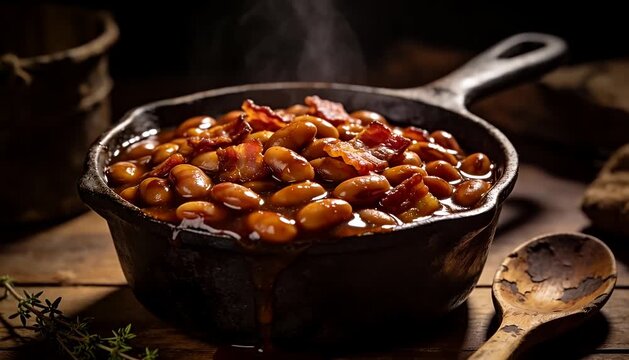 Hearty baked beans with crispy bacon in a cast iron skillet, slow cooked comfort food dish, savory side dish.