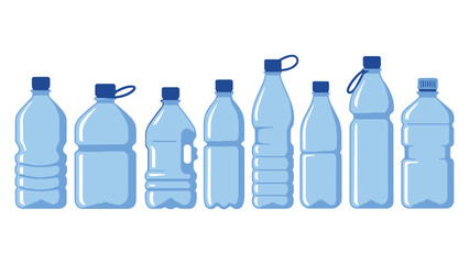 A collection of various plastic water bottles are displayed in a row.