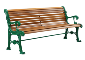 Ornate, green cast iron framed wooden slatted garden bench