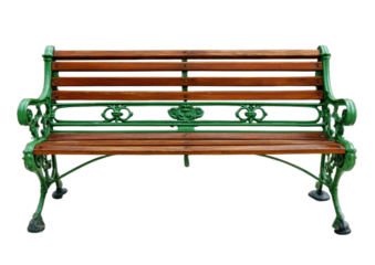 Ornate wooden park bench with decorative green metal frame