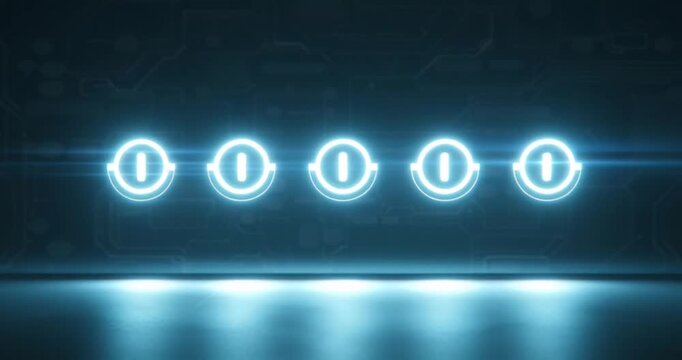 Five glowing blue digital icons depicting a power symbol, arranged in a row on a dark, futuristic technological background with subtle light reflections