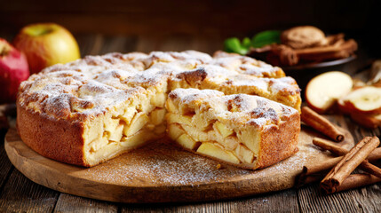 Delicious Homemade Apple Pie with Fresh Slices and Cinnamon Sticks on a Rustic Wooden Board, Topped with Powdered Sugar, Perfect Autumn Dessert for Food Photography, Bakery Menu, and Holiday Decor