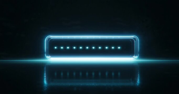 Glowing blue digital password entry bar with bright illuminated dots on a dark reflective surface, representing access and security in a futuristic concept