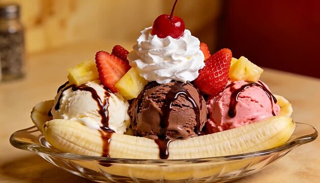 Classic banana split dessert with ice cream, fruit, and syrup; sweet treat for enjoyment banana split.