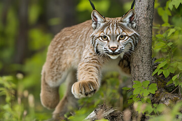 Lynx gracefully climbs a tree while exploring a dense boreal forest in early morning light
