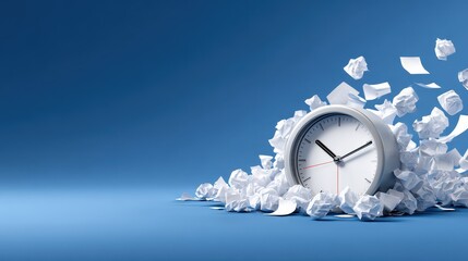 A clock surrounded by crumpled paper on a blue background, symbolizing time management and the pressure of deadlines.