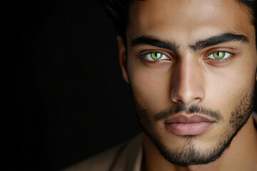 Obraz premium Striking portrait of a man with intense green eyes and a rugged expression captured indoors during the afternoon