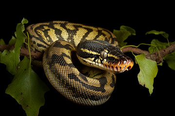 Fototapeta premium Massive python rests coiled on a tree branch adorned with vibrant green leaves in a natural habitat