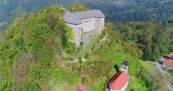 Aerial view of rural countryside and farmland near Kostel, Slovenia