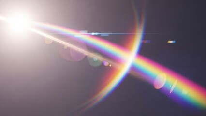 Bright Rainbow Light Beam with Optical Lens Flare on Dark Background
