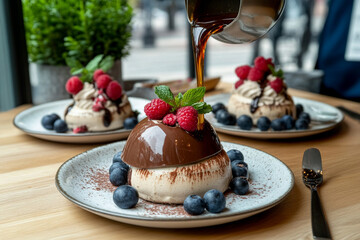 Delicious modern dessert featuring a chocolate dome with fresh berries served at a cafe