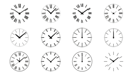 Set of analog clocks in various styles and times in black and white minimalist design for time management