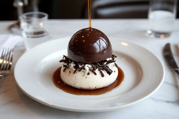 Elegant modern dessert featuring a rich chocolate dome and cream base served in a chic dining setting