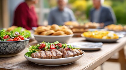 Fototapeta premium A vibrant outdoor gathering featuring a delicious spread of grilled steak, fresh salads, and baked goods, with people mingling in the background.