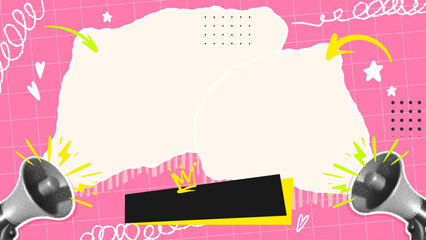 Pop Art Collage Frame with Megaphones, Speech Bubble Shapes, Doodles Scribbles Arrows Swirls on Pink Grid Background. Creative Social Media Banner, Poster Template Copy Space. Vector Illustration
