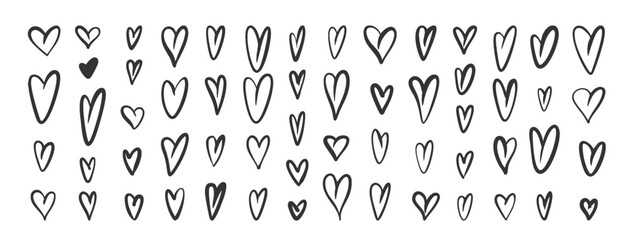 Heart Hand Drawn Doodle Icons Set. Cute Love Hearts in Black Ink Sketch Style for Valentine Day Designs, Stickers, Romantic Branding, Social Media and Decorative Collage. Vector Illustration