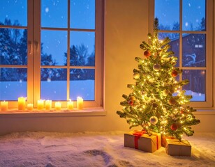 Glowing decorated holiday tree illuminating snowy room with soft lights single gift and warm candlelit winter atmosphere serenity