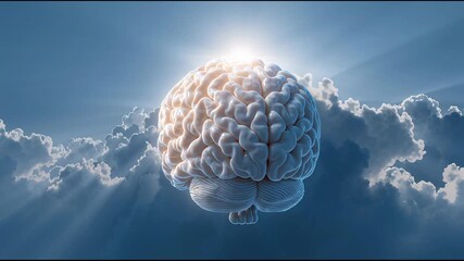 Clouds Surround a Brain in the Sky With Rays of Light Shining Down, Showing a Blend of Nature and Mind in Imaginative Visuals