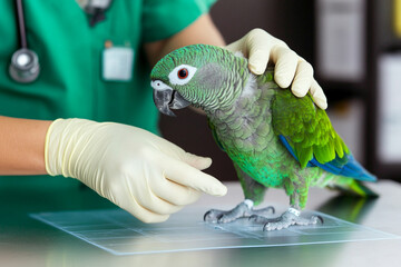 Veterinarian examines green parrot in veterinary clinic for health assessment and care