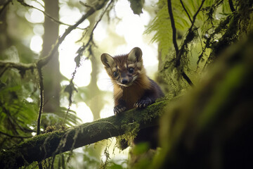 Pine marten stealthily hunting small birds in dense forest during early morning light
