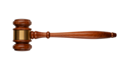 Judges gavel in traditional wooden design with golden band in soft studio lighting on white background for law and justice