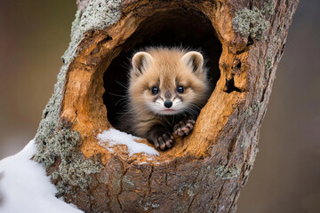 Playful pine marten cub peeks out of hollow tree during winter in a tranquil forest setting