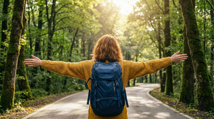 Female hiker with backpack standing with arms wide open on a sunny road in a green forest
