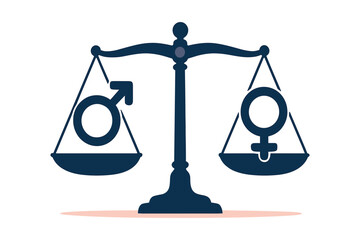 Balance scale with male and female symbols, equality concept showing gender representation, fairness and equal weight idea, flat vector illustration