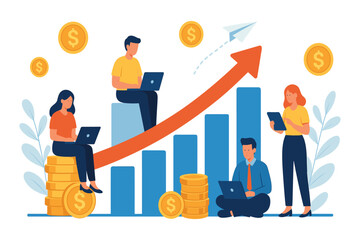 Business team analyzing financial growth, people working with laptops around bar chart and rising arrow, money and investment concept, flat vector illustration