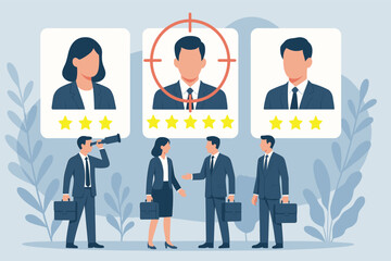 Business team reviewing and selecting candidates with star ratings for recruitment, flat vector illustration