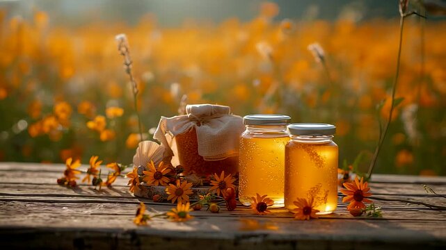 Rustic honey jars with fresh honeycomb and wildflowers on wooden table in golden meadow