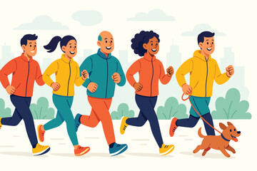 Group of people jogging together outdoors, friends running in park with cheerful dog, healthy lifestyle and fitness activity, flat vector illustration