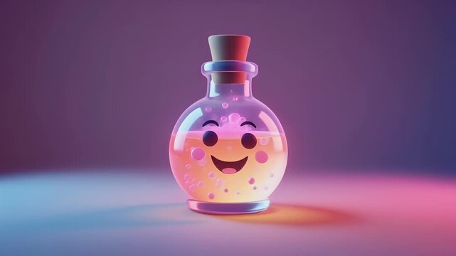 A cute, glowing potion bottle with a happy face and sparkling liquid, set against a soft gradient background.