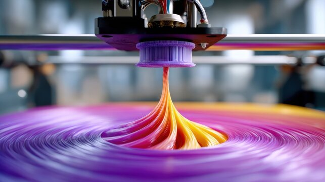 A vibrant 3D printer extruding colorful filament, creating a swirl of purple and orange patterns on a circular platform.