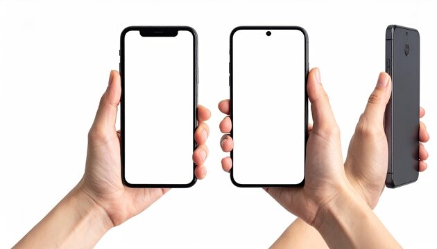 Hands holding up three different smartphones with blank white screens - Powered by Adobe