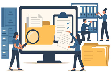 Office team organizing documents, people managing digital folders and paperwork on computer screen, file storage and information management concept, flat vector illustration